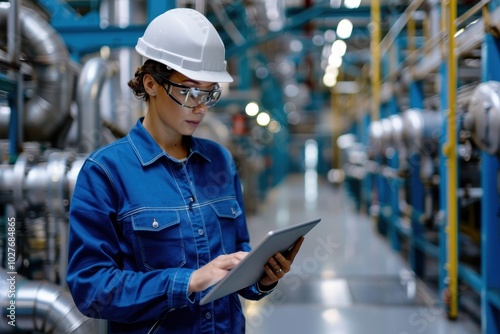 Engineer in protective gear uses a tablet to inspect industrial equipment in a modern factory setting.