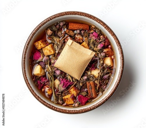 Tea brewing in a ceramic cup with a tea bag submerged in warm water