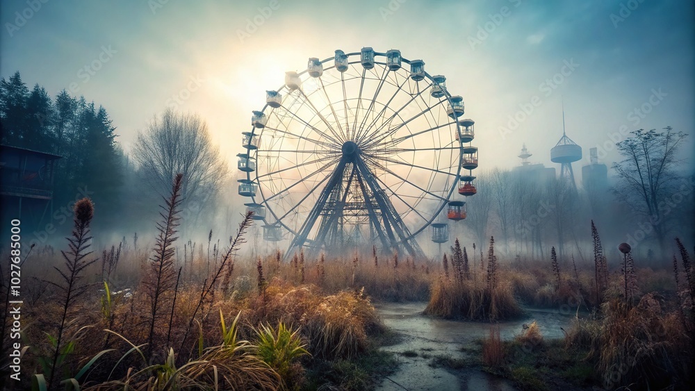 Abandoned Ferris Wheel in a Foggy Landscape - Haunting Architectural Photography Abandoned Ferris Wheel in a Foggy Landscape - Haunting Architectural Photography