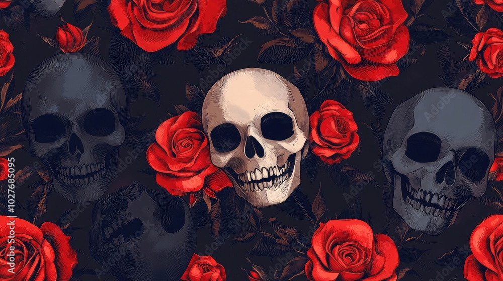 Gothic seamless pattern with skulls and red roses, perfect for Halloween designs Gothic seamless pattern with skulls and red roses, perfect for Halloween designs