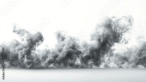 Dense gray smoke billows dramatically against a white background, creating an ethereal atmosphere