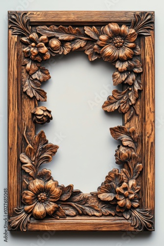 Rustic wooden frame resting on a dark wood background with varying grain patt...