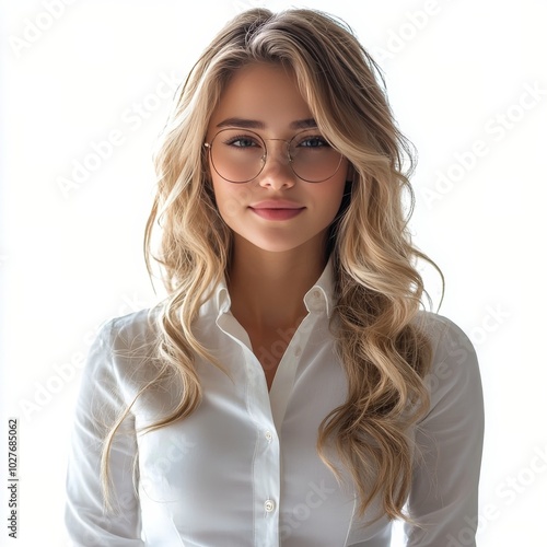 Confident woman in a white shirt poses with arms crossed against a plain whit...
