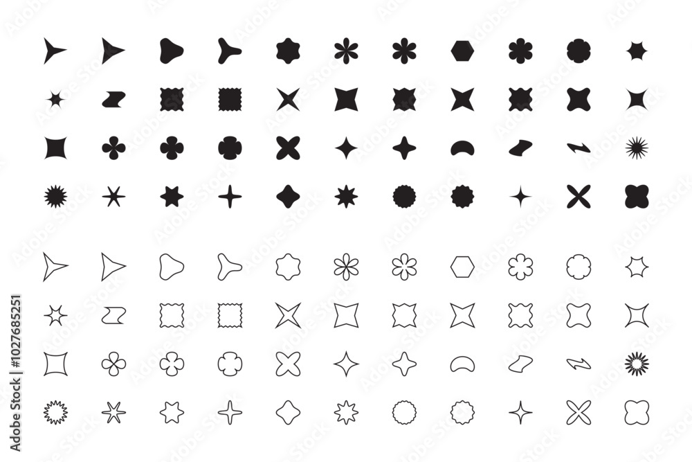 Big set of various y2k geometric shapes black silhouettes and outlines isolated vector icons. Big set of various y2k geometric shapes black silhouettes and outlines isolated vector icons.