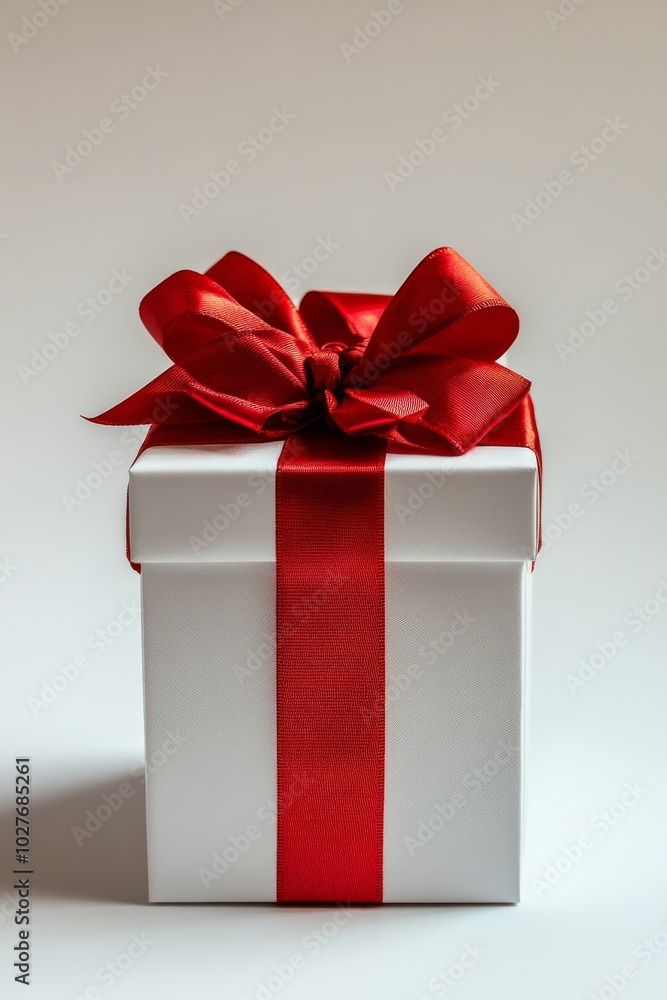 Elegant white gift box with maroon ribbon on a plain background for special occasions Elegant white gift box with maroon ribbon on a plain background for special occasions