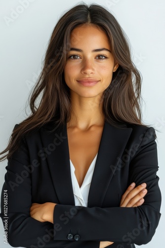 Confident woman in a black suit with arms crossed, posed against a light back...
