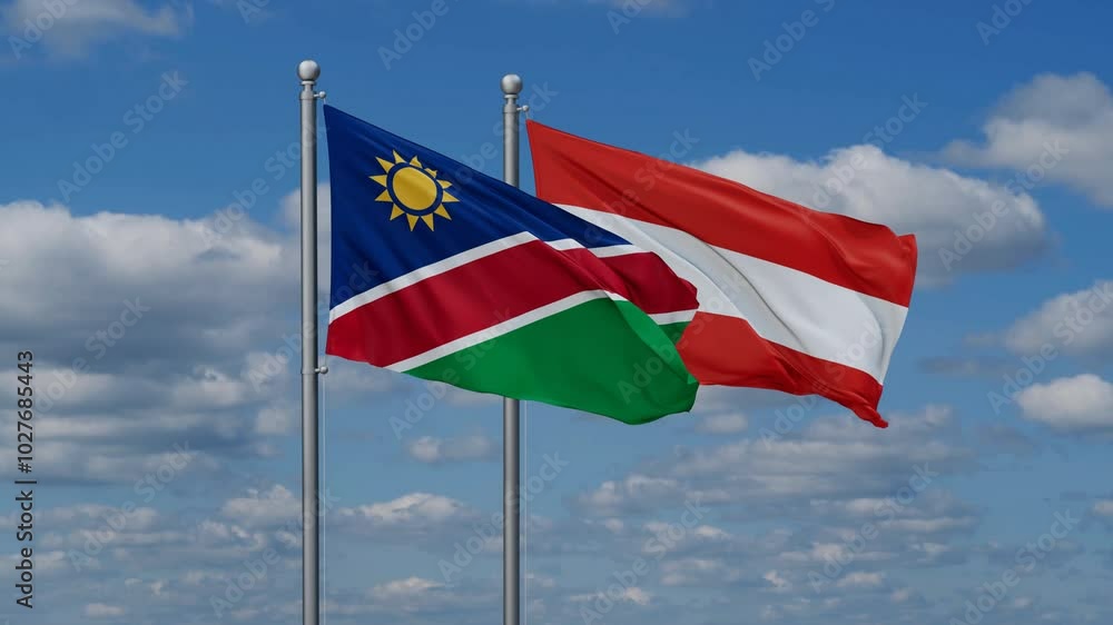 Austria and Namibia flags flying together, video concept of the relationship, two country relations concept Austria and Namibia flags flying together, video concept of the relationship, two country relations concept