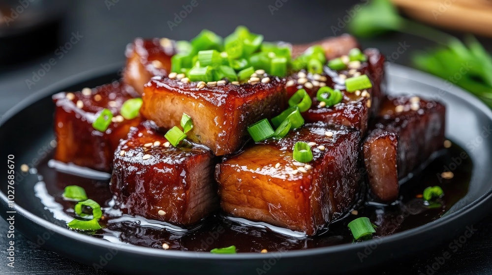Delicious Glazed Pork Belly with Green Onions Delicious Glazed Pork Belly with Green Onions