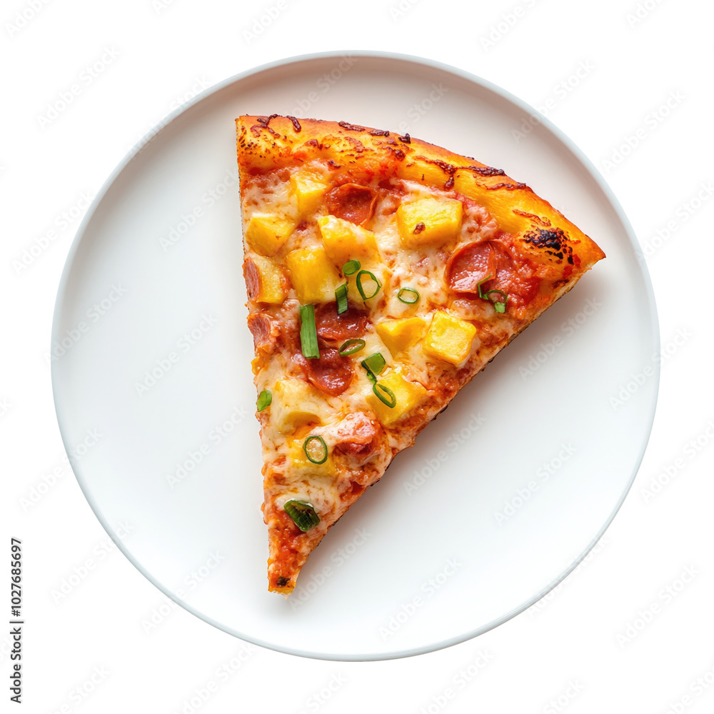Delicious Slice of Hawaiian Pizza with Pineapple and Ham Isolated on a Transparent Background Delicious Slice of Hawaiian Pizza with Pineapple and Ham Isolated on a Transparent Background