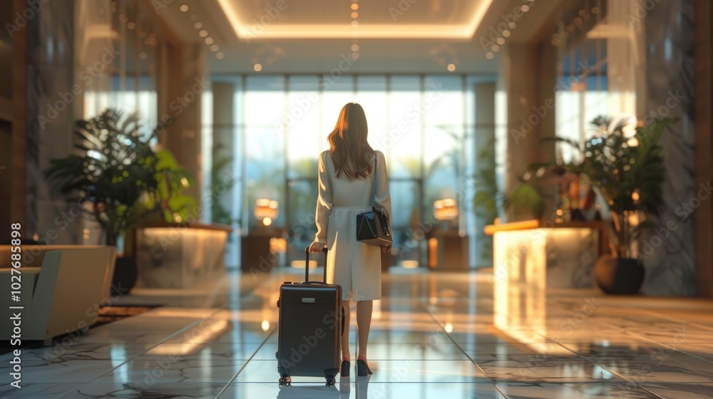 Businesswoman Arriving at Modern Hotel Lobby for Conference