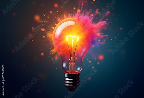 Creative light bulb explosion with splashes of yellow, blue and pink paint on a black background. Think differently, creative idea. Brainstorm 