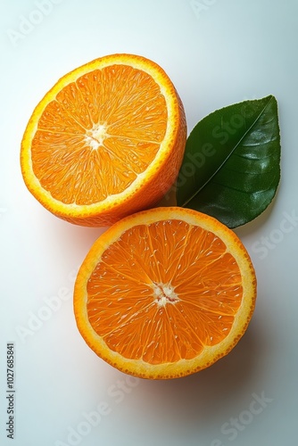 Freshly sliced oranges with vibrant color resting on green leaves against a l...