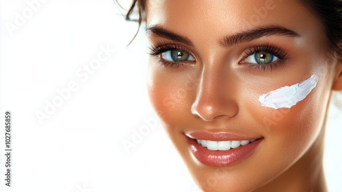 Woman applying skincare product with a bright smile against a light background