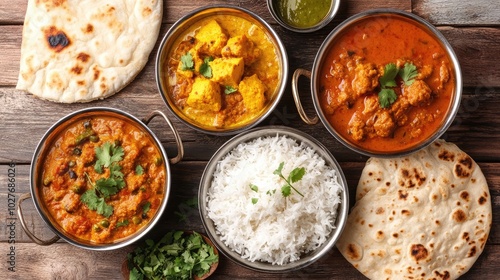 Indian meal with rice, naan, and delicious curries