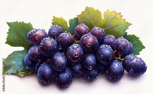 Freshly harvested purple grapes with dew drops on vibrant green leaves in nat...