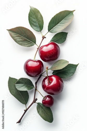 Fresh red apples with green leaves arranged artistically on a clean white bac...