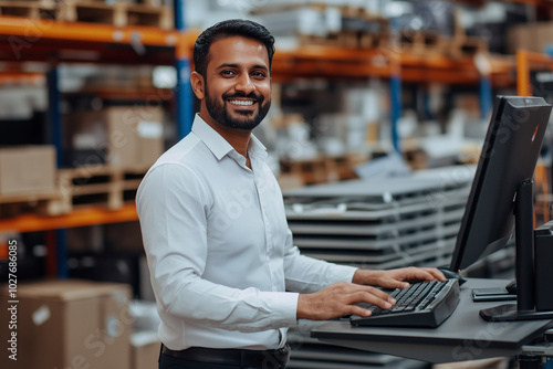 A smiling Indian businessman at a standing desk in a modern warehouse office environment, working on a computer