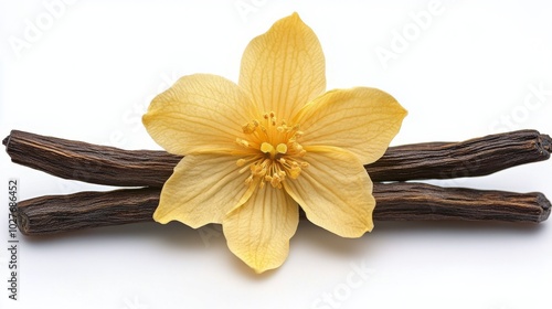 Delicate vanilla flower over vibrant vanilla pods on a white background