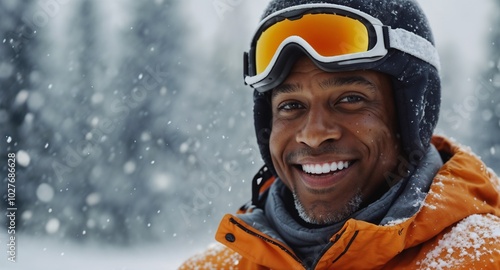 African American man smiling enjoying skiing in the snow. Winter sports, outdoor adventures, seasonal fun concept. 