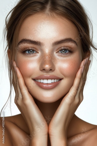 A young woman with glowing skin and a bright smile poses while gently holding her face