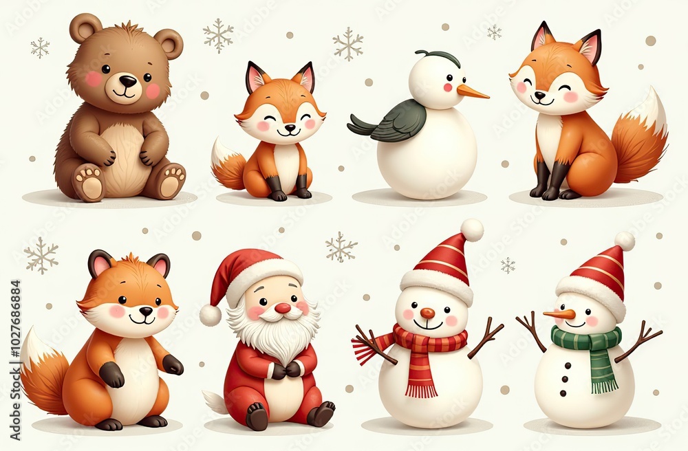 Christmas collection with cute animals: bear, fox, squirrel, bird, Santa Claus, Snowman and christmas decorative elements Christmas collection with cute animals: bear, fox, squirrel, bird, Santa Claus, Snowman and christmas decorative elements