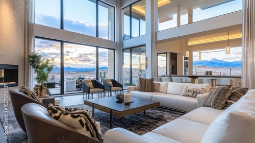 Luxurious living room with large windows  showcasing an elegant and modern design