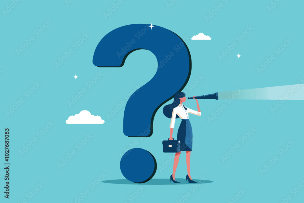 businesswoman standing next to question mark and holding binoculars businesswoman standing next to question mark and holding binoculars