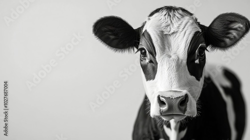 A close-up view of a curious black and white calf looking directly at the cam...