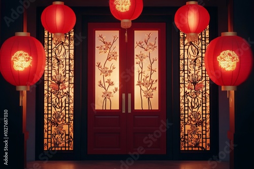 Ornate entrance with red lanterns and floral decor for festive occasions photo