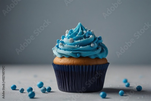 cupcake with blue cream and sugar icing on a white background