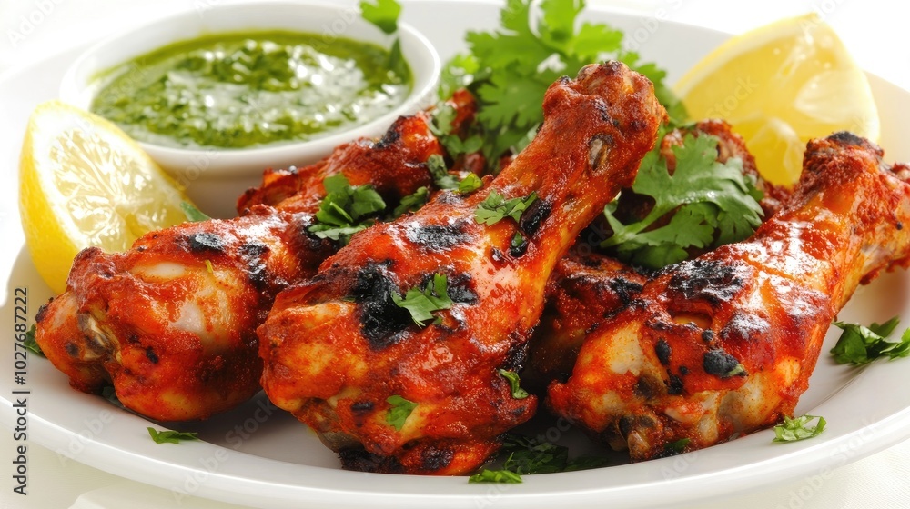 Spicy Grilled Chicken Drumsticks with Sauce and Garnish Spicy Grilled Chicken Drumsticks with Sauce and Garnish