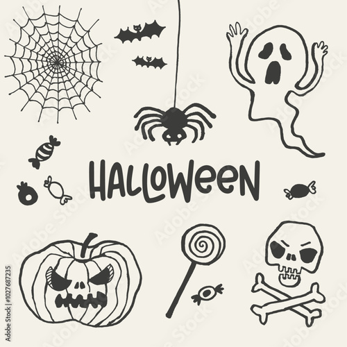 Plantilla de iconos Halloween vectorial editable, handmade, esqueleto, calabaza, fantatasma, muercielados, araña, telaraña y dulces