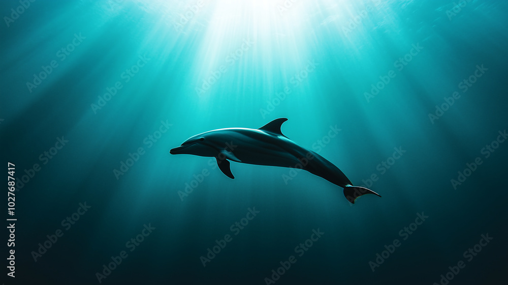 Obraz premium A dolphin swimming in the ocean with sunlight shining through the water
