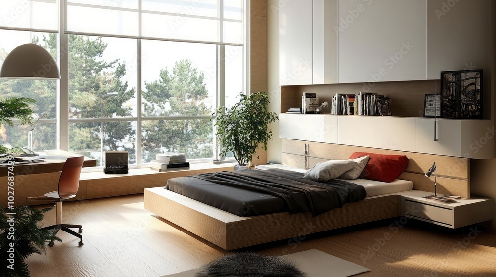 Modern bedroom with built-in bed frame, storage, and desk, minimalist design Modern bedroom with built-in bed frame, storage, and desk, minimalist design