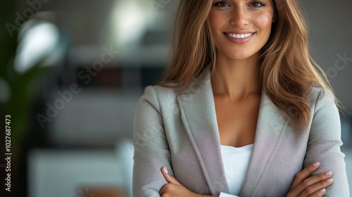 Confident businesswoman poses with arms crossed against a plain background in...