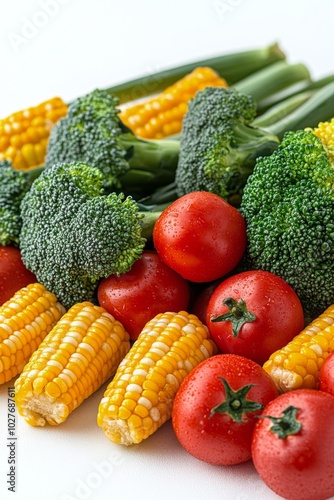 Fresh vegetables including vibrant tomatoes, corn, and broccoli arranged neat...