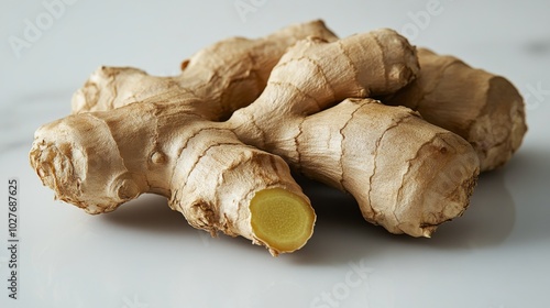 Fresh ginger roots displayed on a clean surface, showcasing their natural tex...
