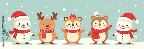 Christmas collection with cute animals: bear, fox, squirrel, bird, Santa Claus, Snowman and christmas decorative elements