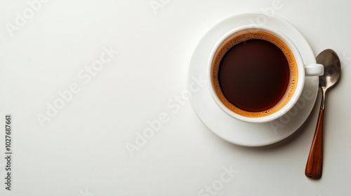 A steaming cup of brewed tea with a silver spoon beside it on a clean surface