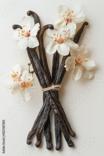 A beautiful arrangement of vanilla pods and delicate flowers on a light backg...