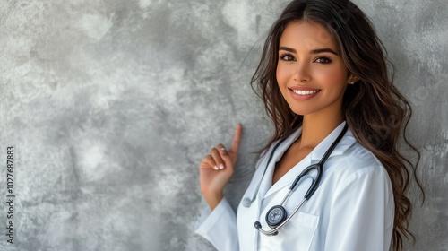 A confident doctor in a white coat smiles warmly while showing professionalis...