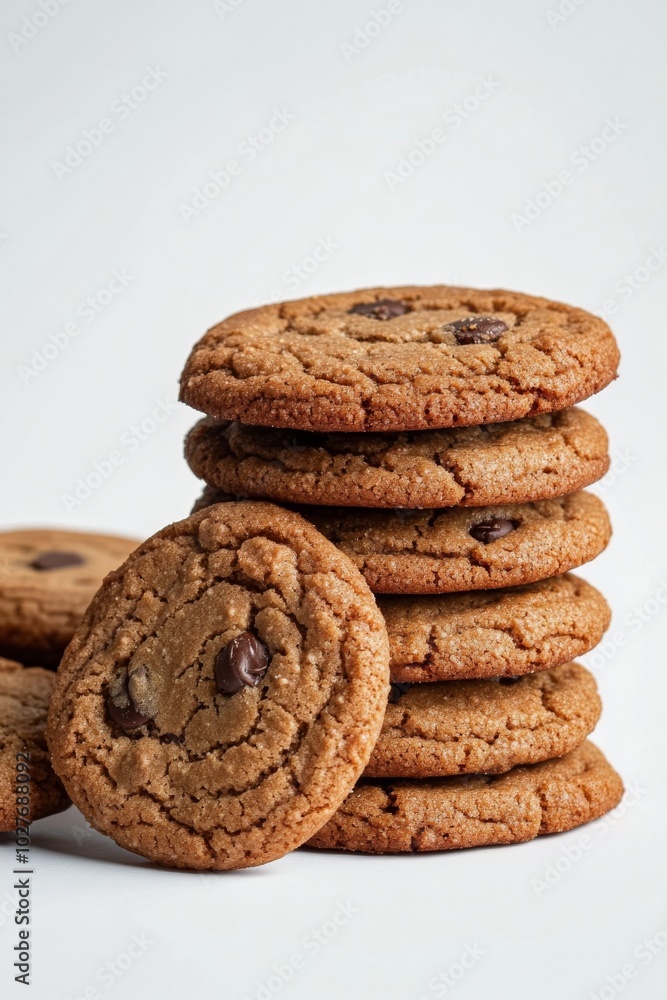 Stacked chocolate chip cookies with morsels scattered around in a bright kitchen setting Stacked chocolate chip cookies with morsels scattered around in a bright kitchen setting