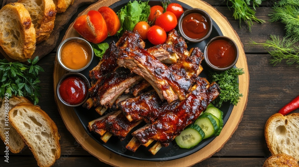 Delicious Barbecue Ribs with Fresh Vegetables and Sides Delicious Barbecue Ribs with Fresh Vegetables and Sides
