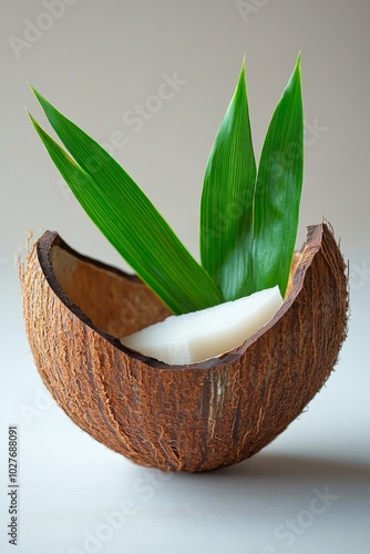 Fresh coconut and green leaves illustrated against a colorful, textured backg...