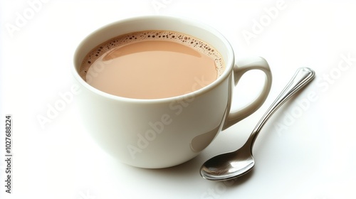 A steaming cup of brewed tea with a silver spoon beside it on a clean surface