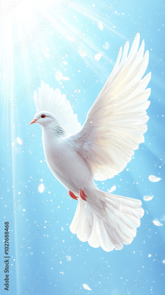 Fototapeta premium serene white dove soaring through bright blue sky, symbolizing peace and hope