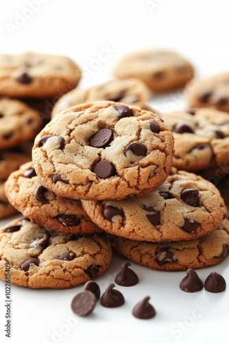 Stacked chocolate chip cookies with morsels scattered around in a bright kitc...