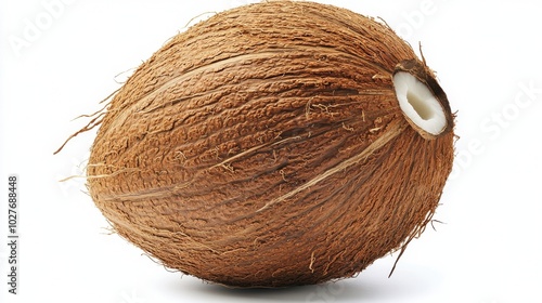 Fresh coconut with natural fibers on display, showcasing its unique texture and shape photo