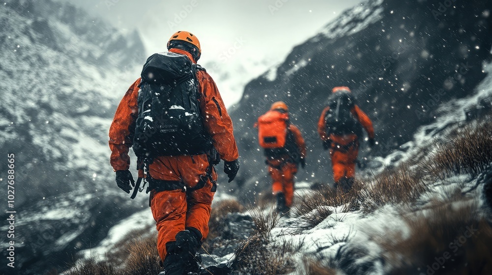 Mountain rescue team aiding a person in distress Mountain rescue team aiding a person in distress