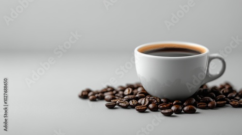 A steaming cup of coffee with roasted beans on a simple plate at morning light